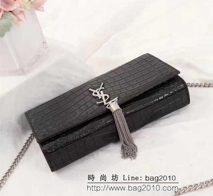 YSL聖羅蘭 經典銀扣 鱷魚紋牛皮 時尚流蘇包 311225 YAS1355